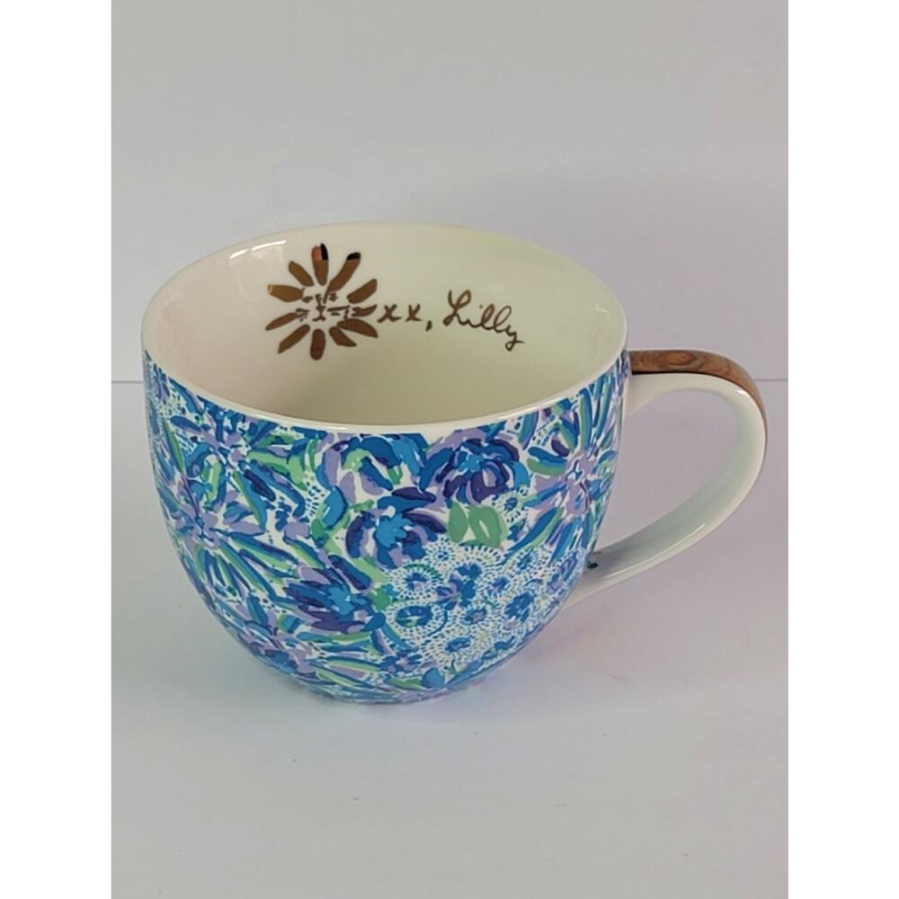 Lilly Pulitzer Large 16oz Blue Floral Gold Trim Coffee Mug High Maintenance Patt